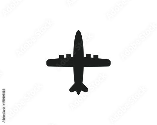Overhead Airplane Silhouette. Airplane icon representing travel, transport and air industry isolated on white background.