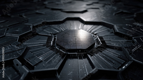 Futuristic green computing with holographic screens concept. Futuristic hexagonal pattern design with sleek metallic surface.