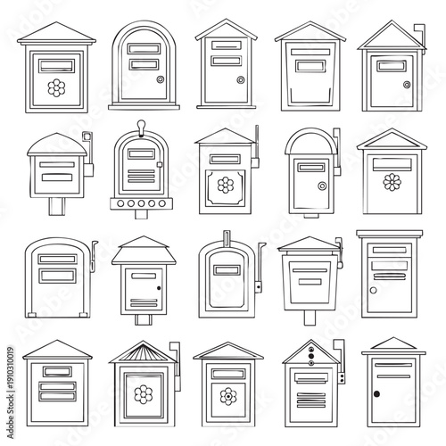 Collection of unique outlined mailboxes for receiving and sending letters