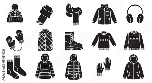 Collection of Various Black Winter Clothing Items on White Background