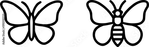 Black and white butterfly vector illustration, two stylized insect silhouettes with different wing designs, decorative nature icons for educational use