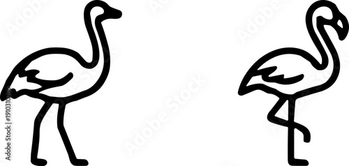 Black and white flamingo vector illustration, two bird silhouettes in different postures with curved necks, elegant aquatic wildlife design icon