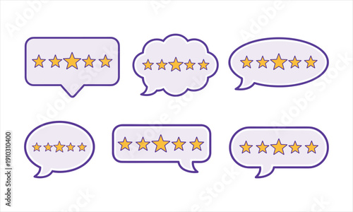 Illustration of three speech bubbles each containing five golden stars representing ratings or reviews high-quality