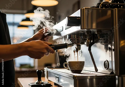 Obraz Realistic photo of a professional barista preparing espresso at a coffee machine with steam rising in warm café lighting and shallow depth of field