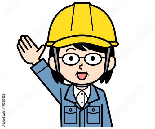 手を上げるヘルメットをかぶった現場監督の中年女性