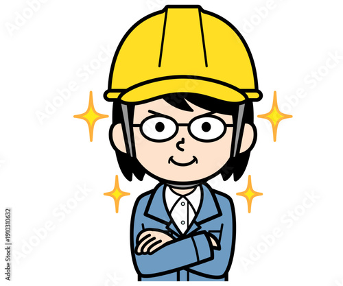 自信満々なヘルメットをかぶった現場監督の中年女性