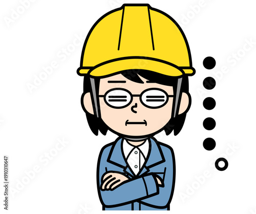 呆れているヘルメットをかぶった現場監督の中年女性