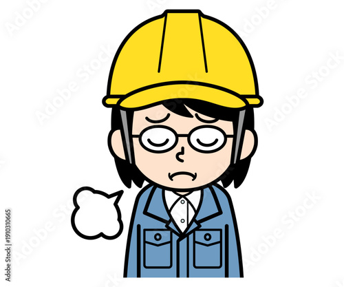 ため息をつくヘルメットをかぶった現場監督の中年女性