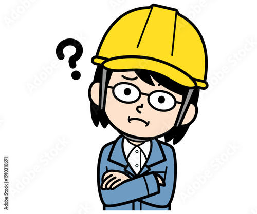 疑問に思うヘルメットをかぶった現場監督の中年女性