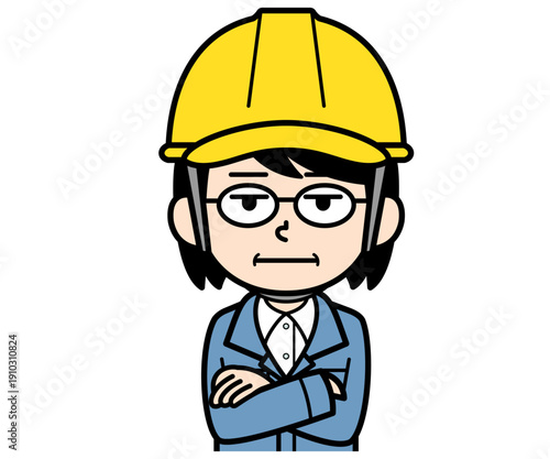 呆れているヘルメットをかぶった現場監督の中年女性