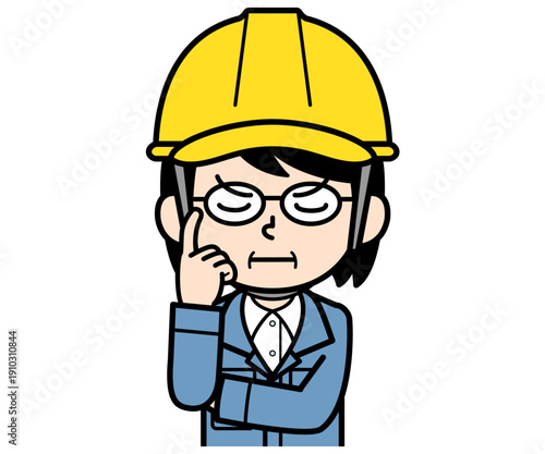熟考するヘルメットをかぶった現場監督の中年女性