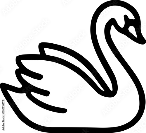 Black and white swan vector illustration, elegant bird silhouette with gracefully curved neck and raised wings, decorative wildlife design icon