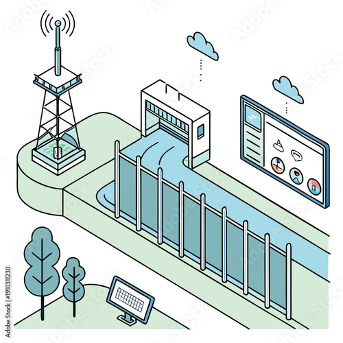 AI-based smart flood prevention system controlling water levels in a futuristic environment, environmental protection concept