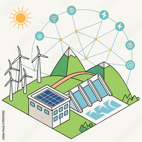 AI controlled renewable energy grid environment with futuristic smart technology, sustainable power vector illustration