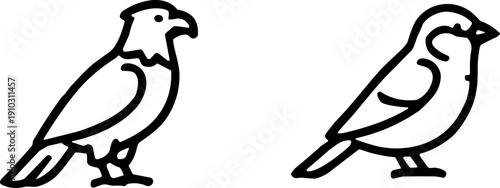 Black and white vector illustration of hawk and sparrow silhouettes, stylized bird icons highlighting differences in beak and body design