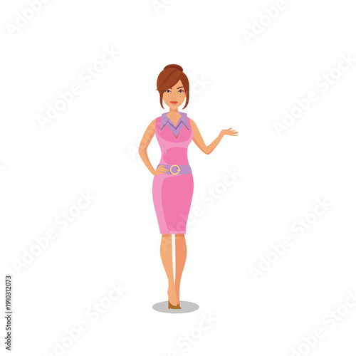 Confident Professional Business Woman in Elegant Pink Sheath Dress with Purple Collar Standing in Presenting Pose Against Isolated White Background