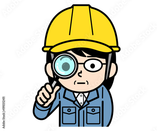 虫眼鏡で観察するヘルメットをかぶった現場監督の中年女性