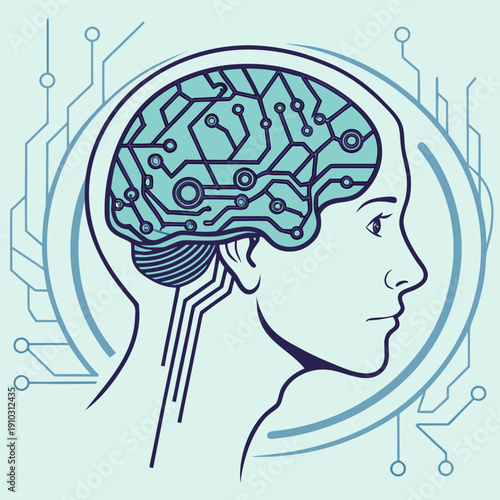 Abstract concept of a brain-computer interface (BCI) connecting human mind to technology and digital world
