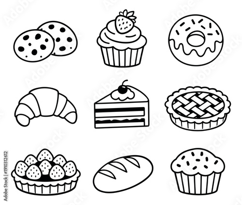 Hand drawn line art bakery set featuring various dessert and breakfast items for food and menu designs