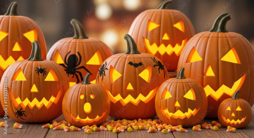 Fototapeta premium Festive Halloween Pumpkin Display with Carved Faces and Candy Corn Creating a Warm and Inviting Atmosphere for a Delightful and Spooktacular Celebration