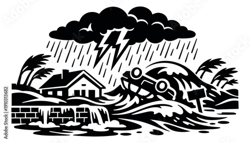 Graphic illustration of a storm and flood depicting a house and car in destructive floodwaters for emergency preparedness