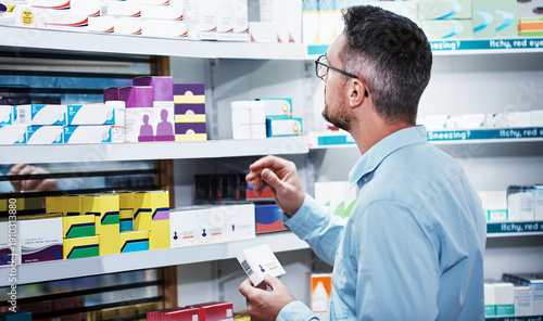 Fotografia Pharmacy, shopping and man with medicine box, customer supplements or comparing drug