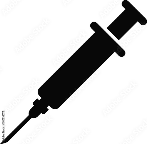 Black syringe silhouette illustration with needle, barrel, and plunger, symbolizing medical procedures, vaccination, healthcare, and drug administration