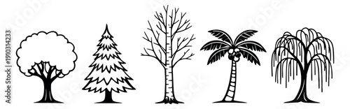 Hand drawn line art tree set featuring a variety of tree species for nature and landscape designs