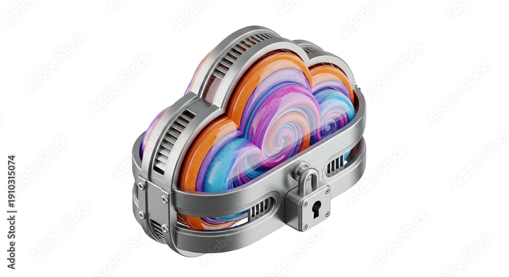 Fototapeta premium Isometric cloud-shaped structure with colorful swirled interior, locked