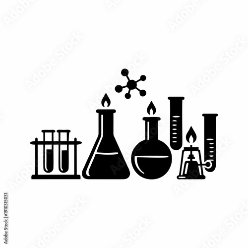 Chemistry laboratory glassware with flasks test tubes and molecular structure silhouette
