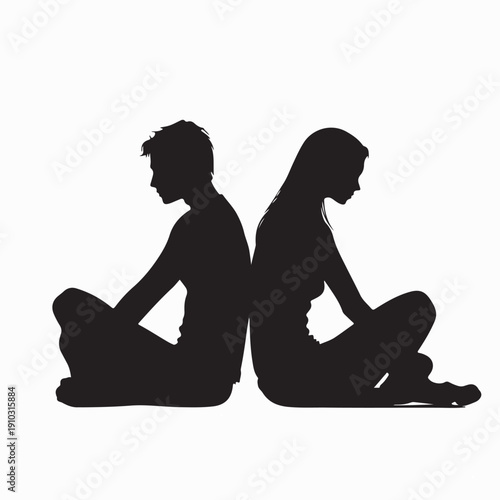 Silhouette Of Sad Couple Sitting Back To Back  Image Vector