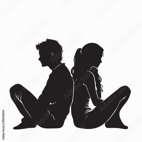 Silhouette Of Sad Couple Sitting Back To Back  Image Vector