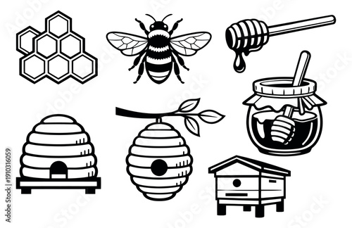 Hand drawn line art bee and honey set featuring a bee, honeycombs, beehives, and honey for natural food and beekeeping designs