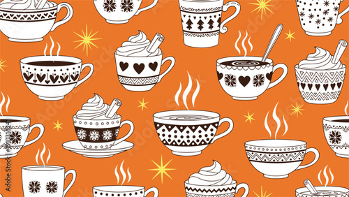 Seamless pattern of winter coffee cups with whipped cream and cinnamon, cozy hot chocolate mugs on orange background, flat vector illustration.