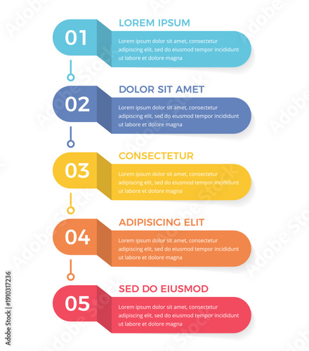 Vertical infographic template with five numbered steps in colorful rounded banners