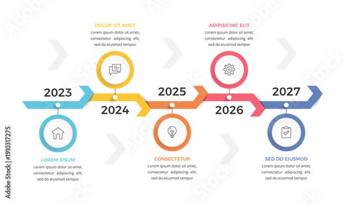 Horizontal arrow timeline infographic with five yearly milestones