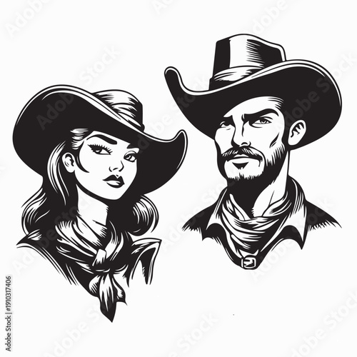 Western Cowboy and Cowgirl Couple Image Vector Isolated on White Background