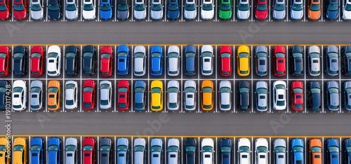 Car sales, crisis, Colorful cars parked top view