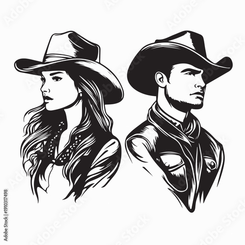 Western Cowboy and Cowgirl Couple Image Vector Isolated on White Background
