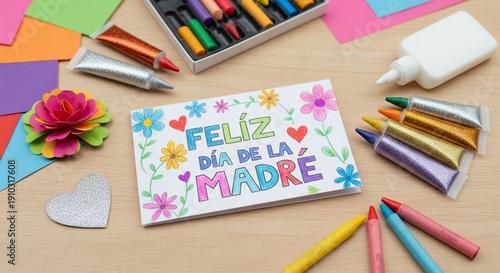 Feliz Día de la Madre card with colorful flowers and hearts surrounded by art supplies on a wooden table