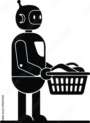 silhouette cute robot carrying laundry basket assisting with household chores vector design