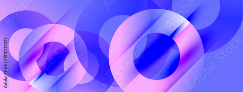 Abstract composition featuring overlapping circles. Shades range from blue, purple, pink creating dynamic visual effect. Smooth gradients present.