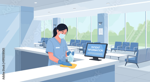 Healthcare worker disinfecting reception desk during pandemic.