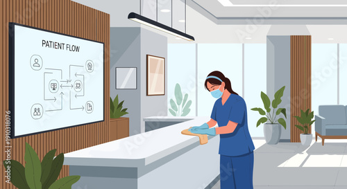 Healthcare worker disinfecting reception desk in modern hospital.