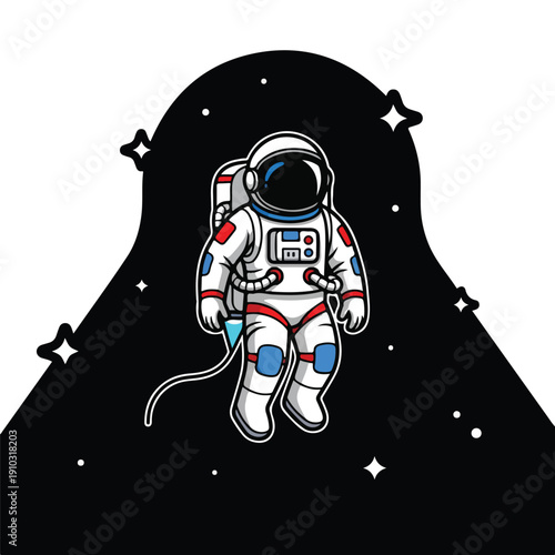 A cartoon astronaut floats in space with stars