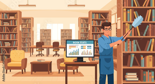 Librarian Dusting Bookshelves in Library with Data on Computer Screen.