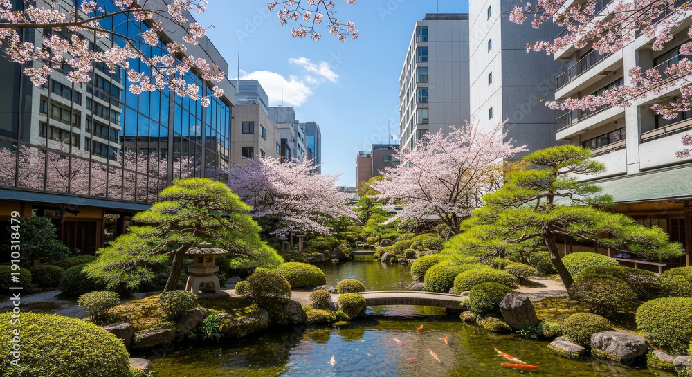 Obraz premium ビルの谷間の桜と新緑の日本庭園