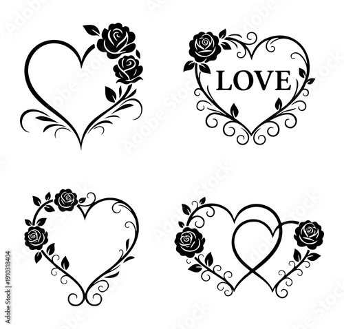 Elegant floral heart frames with roses for wedding and valentine decoration