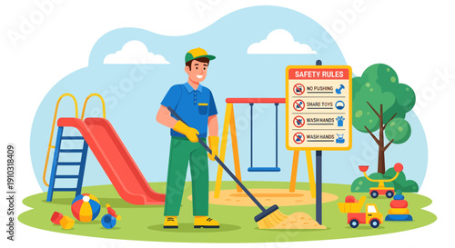 Park Maintenance Worker Sweeping Playground Sand.