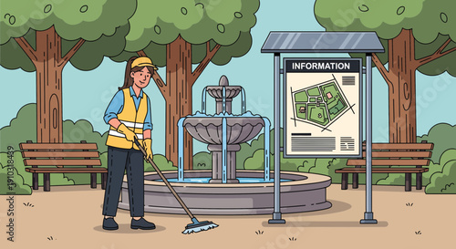 Park Worker Sweeping Near Fountain and Information Board.